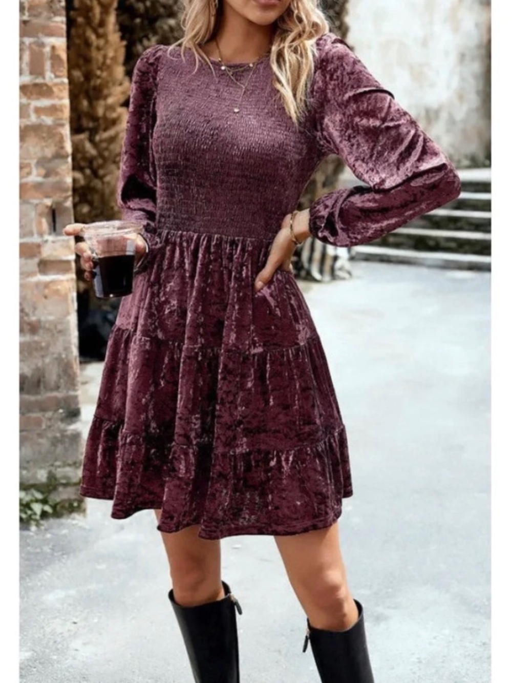 NWOT MISS SPARKLING MAUVE LONG SLEEVE SMOCKED MINI DRESS M